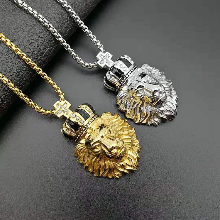 

GZYS JEWELRY Hiphop Style Titanium Steel Jewelry E-Coating Plated 18K Gold Crystal Diamond Crown Lion Head Pendant