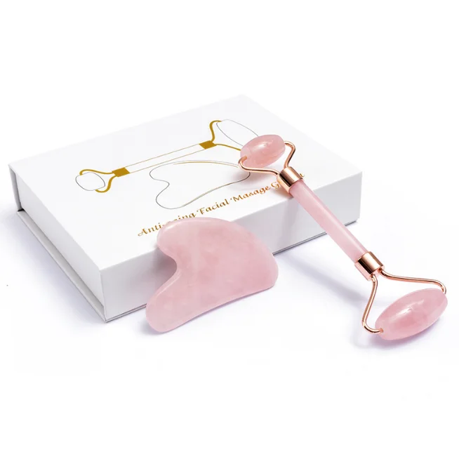 

Oem Neutral Packaging 2020 Natural Skin Care Massage Facial Face Pink Quartz Jade Roller and gua sha