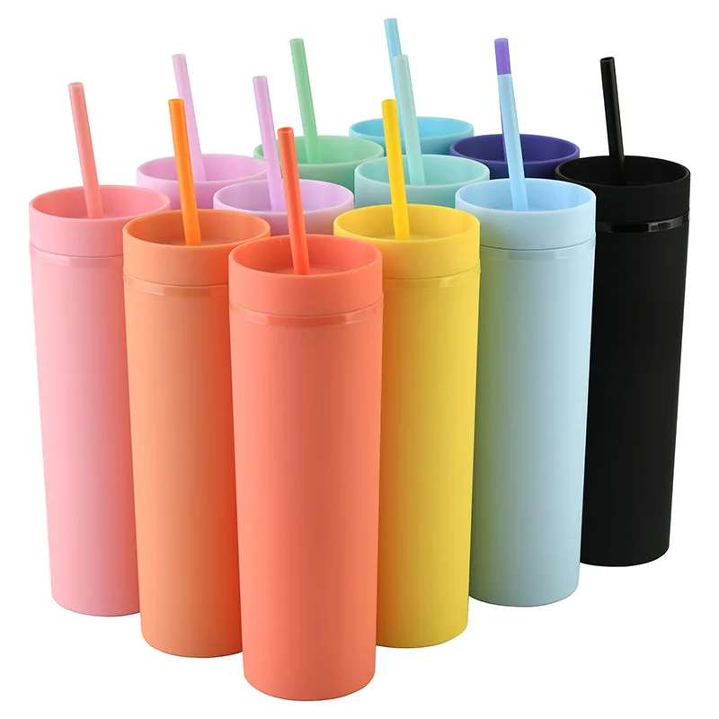 

A3097 Large Capacity 16oz Double Layer Mugs Sippy Straight Cups Fruit Coffee Tea Mugs Drink Plastic Cup with straw, 9 colors