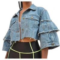 

E91056 Fashion ladies 2019 casual plus size club wear washed tassel long sleeve button denim coat jacket for women