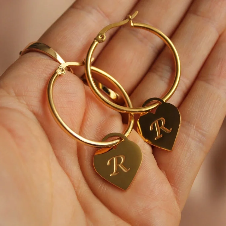 

Minimalist Trendy 18K Gold Plated Stainless Steel Hoop Earring Custom Fashion Hypoallergenic Women Initial Heart Earrings