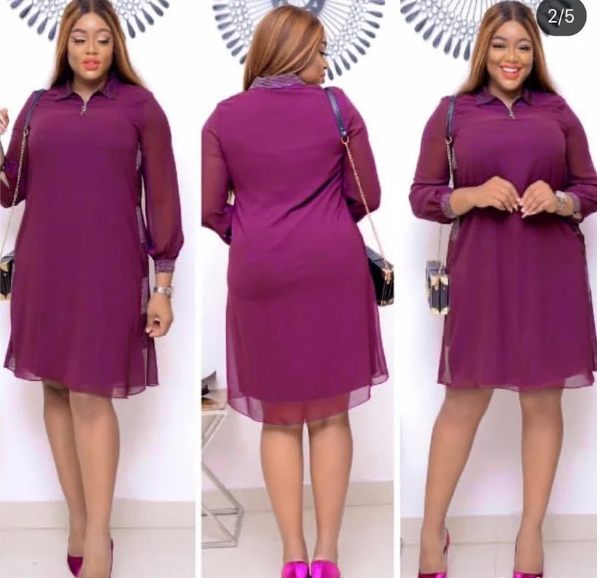 

2020 summer new diamond lapel solid color chiffon loose large size zipper dress with pocket, As showed