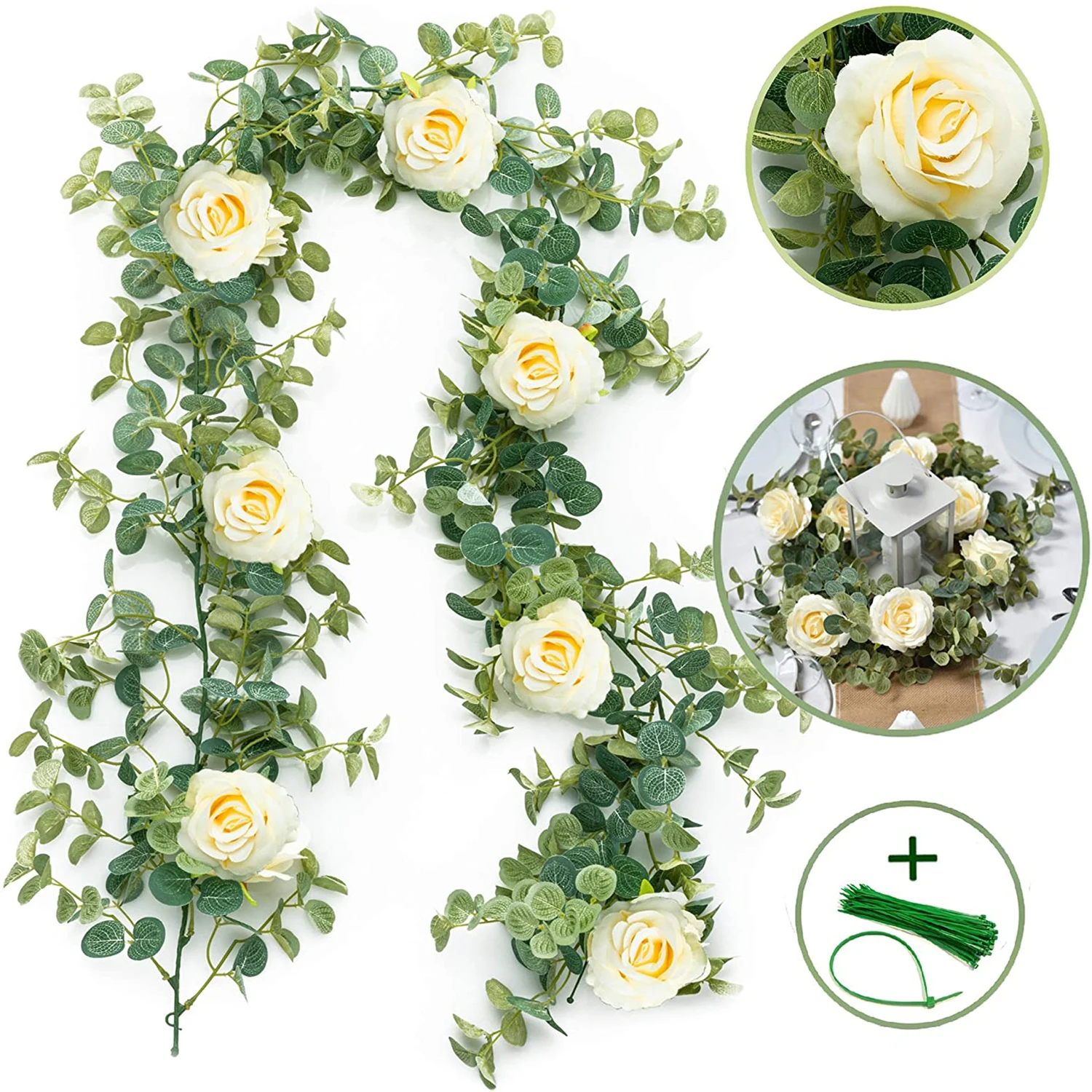 Artificial Eucalyptus Garland With Flowers Champagne Roses 6' Long
