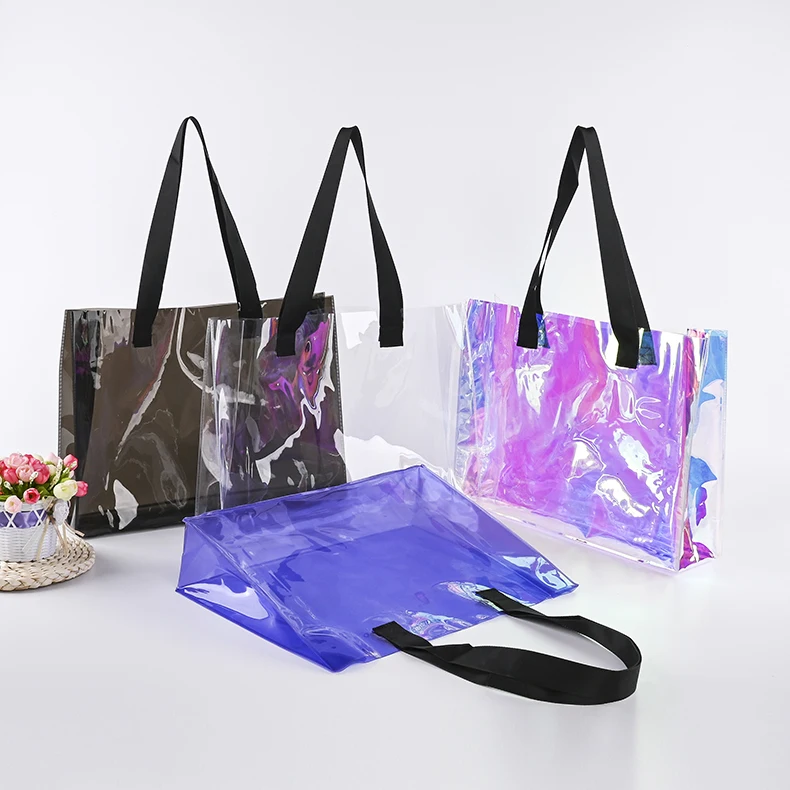 

custom fashion large plastic colored clear pvc tote bag shopping bag beach bag with logo and say some words