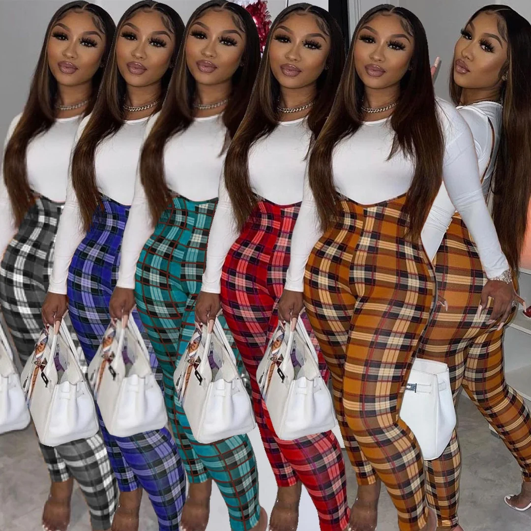 

AI228-6101 2020 fall/winter fashion casual plaid jumpsuit tight-fitting long-sleeved T-shirt women two-piece suit