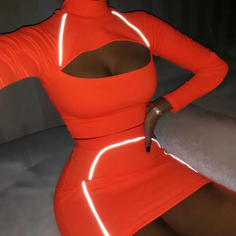 

X00483C Sporty Reflective Striped Matching Set Women Cut Out Fashion Fitness 2 Piece Outfit Long Sleeve Crop Top And Skirt Sets, Black