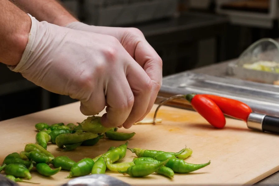 Chef wearing protective gloves while carefully preparing habanero peppers on a cutting board with safety equipment nearby