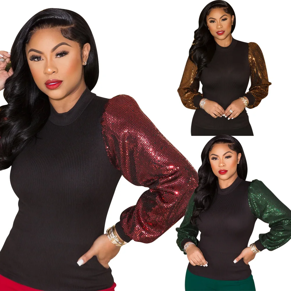 

DL662 Sequins Puff Long Sleeve Patchwork Knitted O-neck T-shirt winter ladies woman tops fashionable