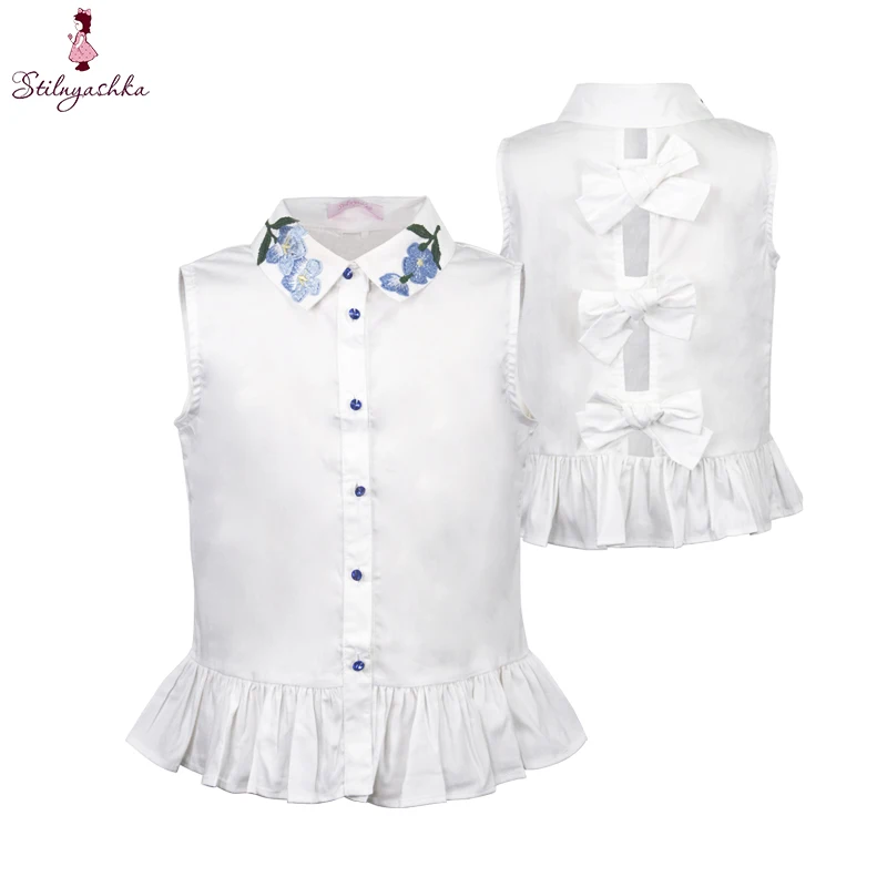 

Wholesale Kids White Sleeveless Girls Children Blouses Shirts with Bow on the Back