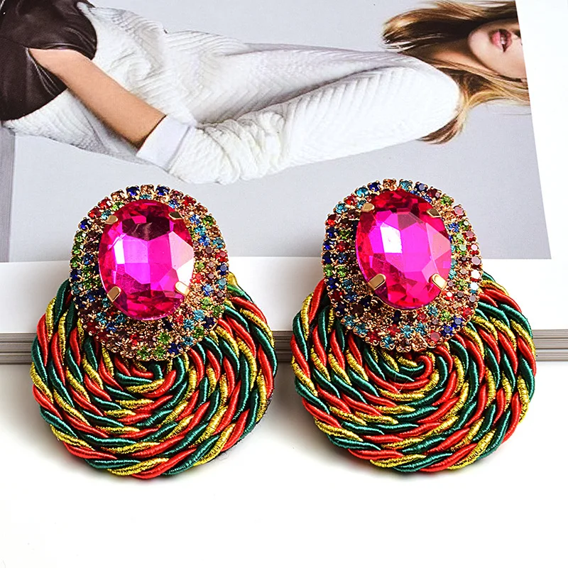 

2021 Summer Ethnic Bohemian Handmade Braided Colorful Round Pendant Earring Personalized Retro Crystal Stud Earring, Picture shows