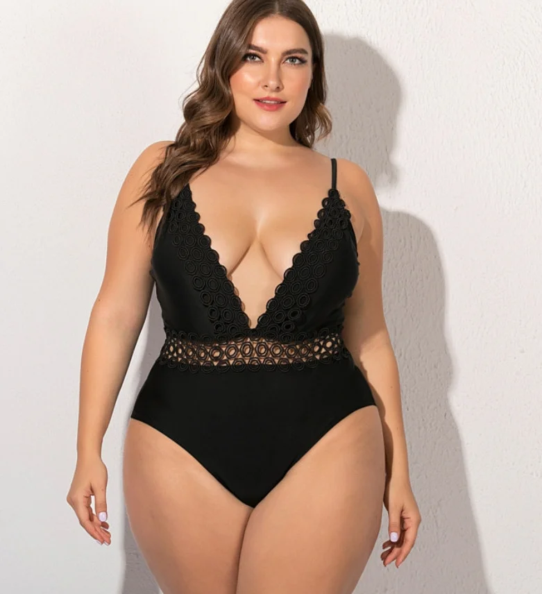 

Top Selling Fashion Black One Piece Bikini Plus Size Women Sexy Deep V Hollow Out Sling Beach Swimwear, As picture