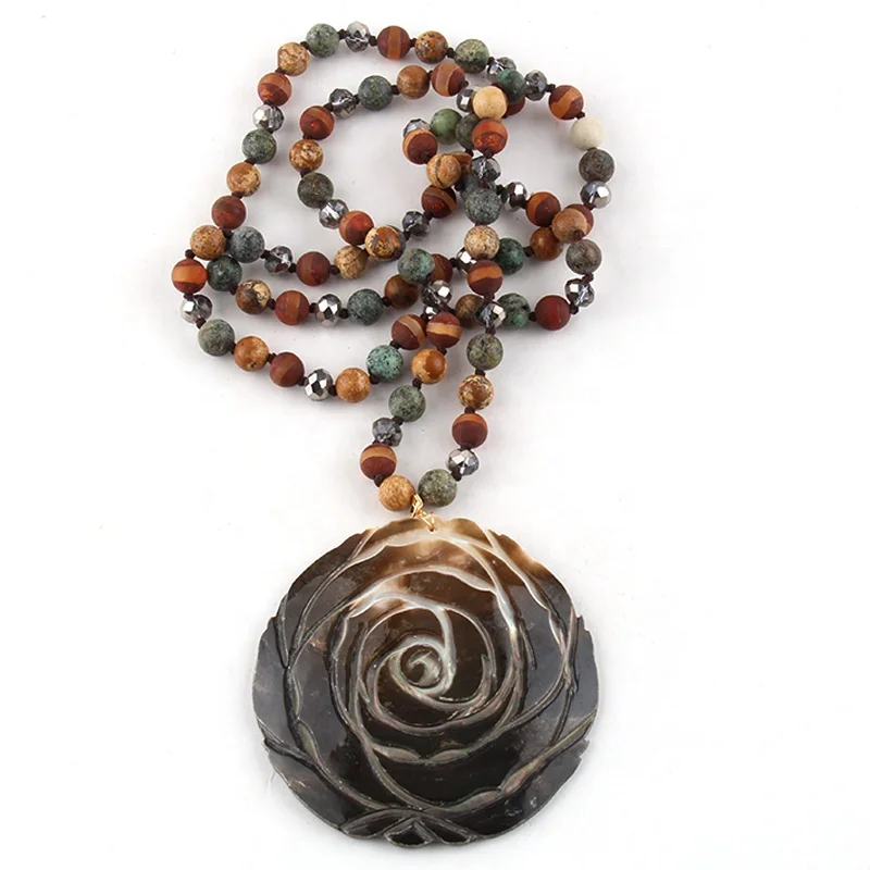 

Fashion Women Crystal Glass Natural Stone Pic Jasper African Turquoise Necklace Big Shell Rose Sculpture Pendant Necklace