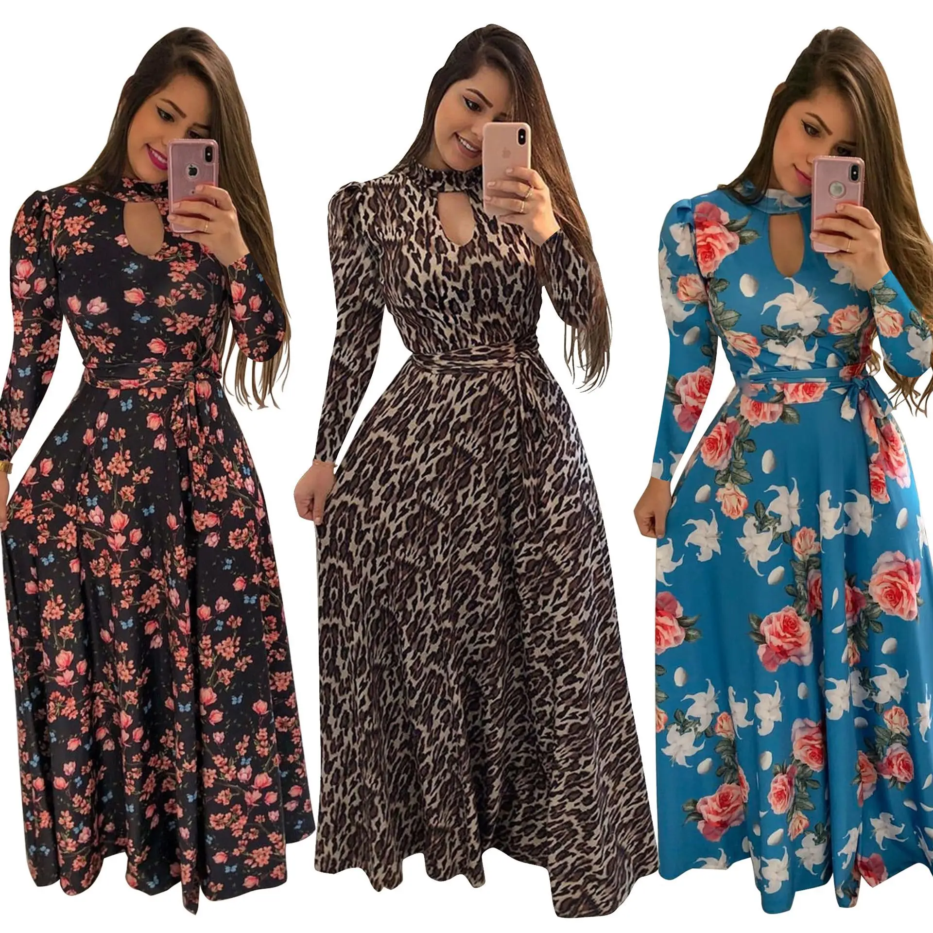 
Plus size women clothing floral print long sleeve casual maxi dresses 