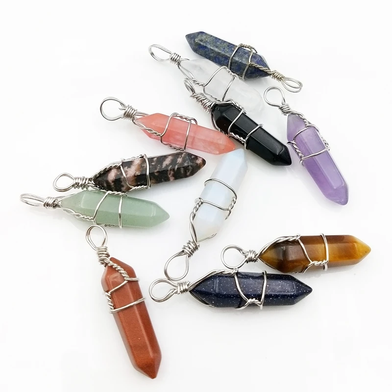 

Wholesale Natural Chakra Quartz Healing Crystals Stones Wired Wrapped Pendant Jewelry Jewellery Hexagonal Point Charms Necklace, Multi natural pendant