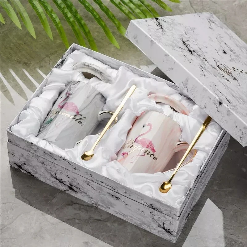 

Mr Mrs Flamingo Couple Cup and Mug Gift Box Ceramic Coffee Mug Marble Pattern Home Drinkware Lovers Gift Wedding Gift