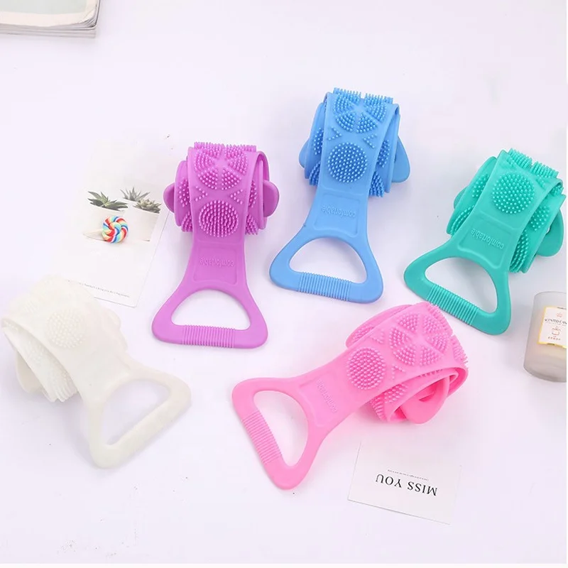 

Silicone Bath Body Brush Exfoliating Lengthen Back Body Scrubber, Pink, green, blue and purple