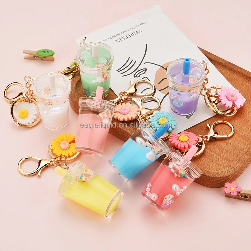 

Glitter Quicksand Key Chain Liquid Floating Milk Tea Cup Unicorn Keychain