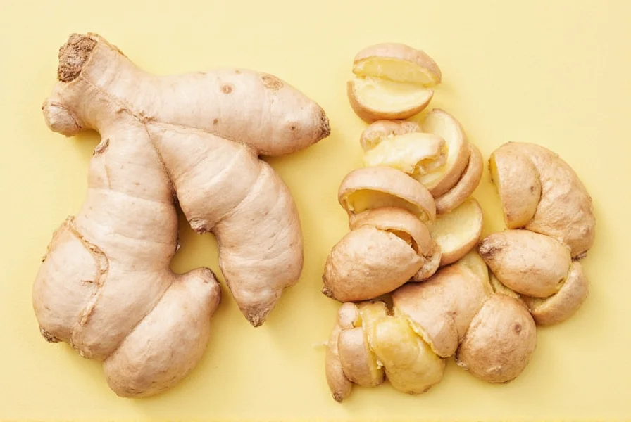 Various ginger preparation methods showing peeled and unpeeled options