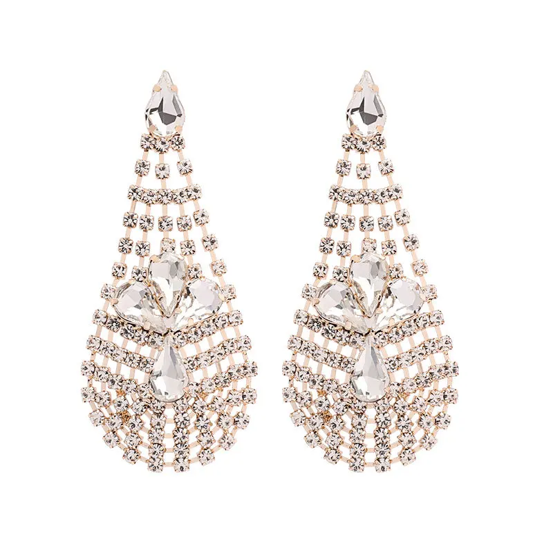 

C&J 3 Colors Exaggerated Delicate 18K Gold Plated Hollow Geometric Water Drop Bling Long Rhinestone Tassel Drop Earrings