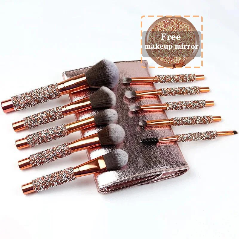 

2021 Rose golden 10 pcs diamond foundation makeup brushes private label with bag makeup brush set, Multi colors