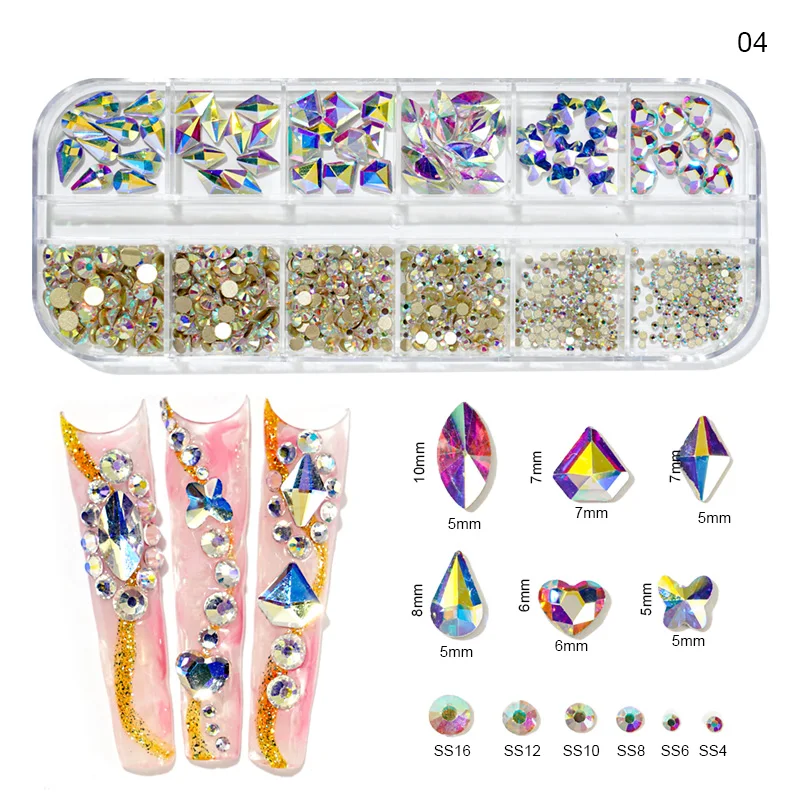 

12 Girds Colorful Nail Rhinestones Mixed Size Diamonds AB Flatback Shiny Crystal 3D Glitter Nail Art Decorations Strass