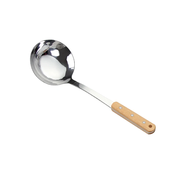 

Chinese Style Stainless Steel Cooking Spoon with Long Wooden Handle Kitchen Utensil Soup Ladle, Silver