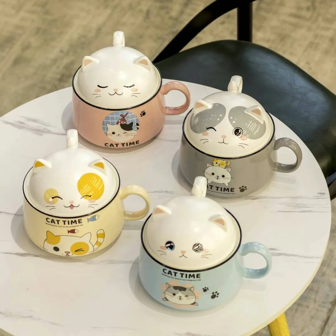 

Japanese cartoon cat noodle bowl gift ceramic rice bowl with lid soup bowl