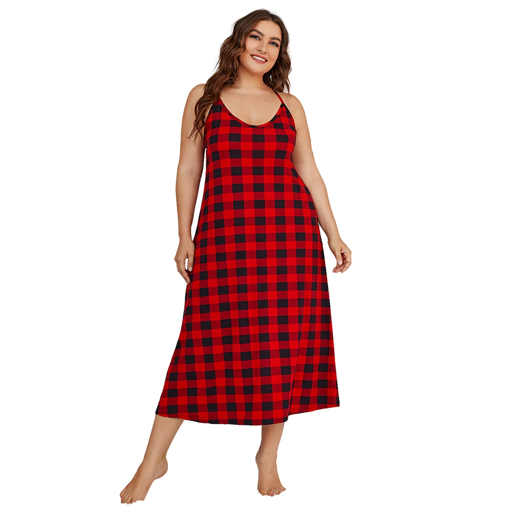 

2021 summer red plaid backless ladies big size maxi long sexy sleepwear night gown casual dresses plus size dress for women, 6 colors