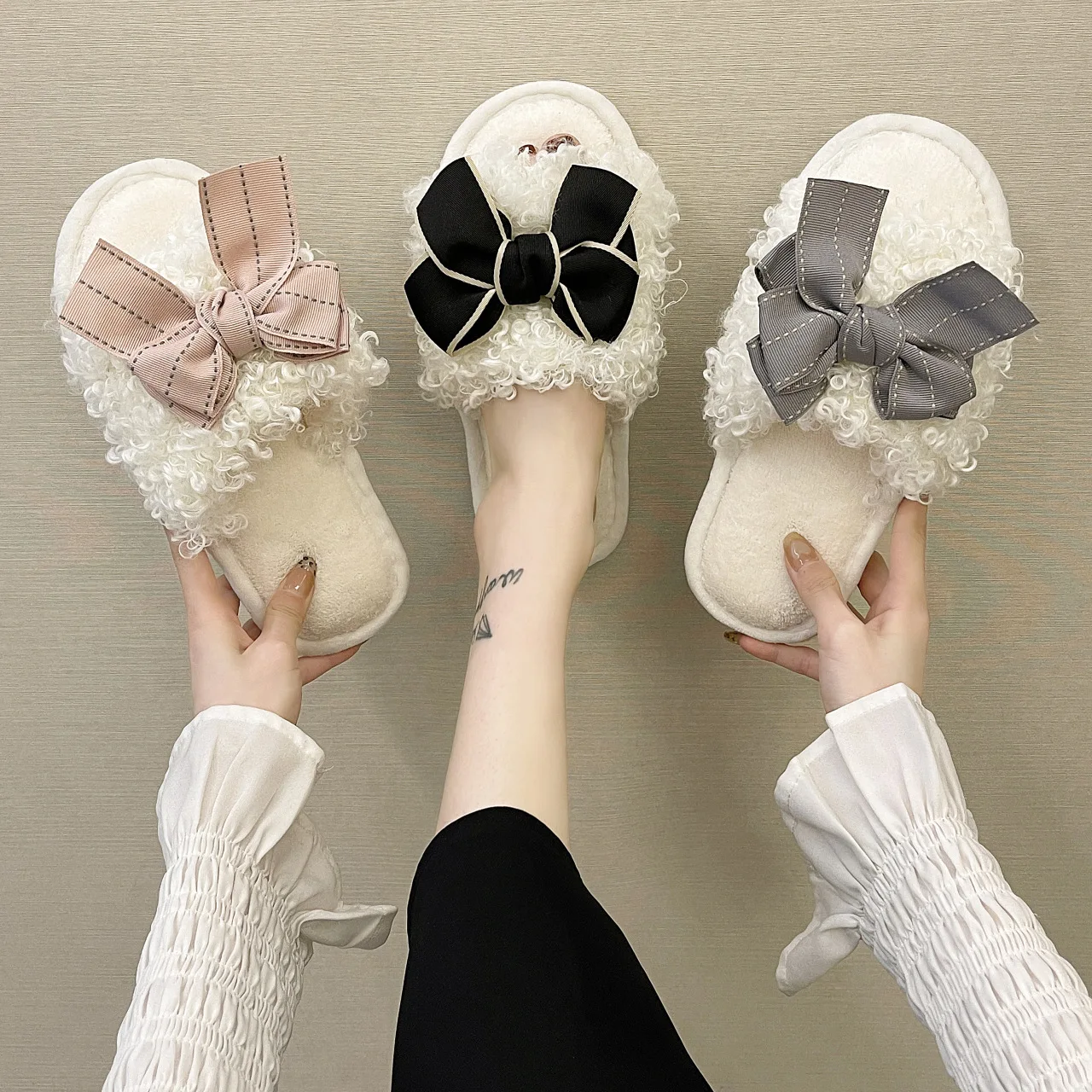 

Plush cotton slippers female autumn winter cute home furry girly style bowknot soft bottom indoor and outdoor slipper, Light brown, dark brown, white pink purple