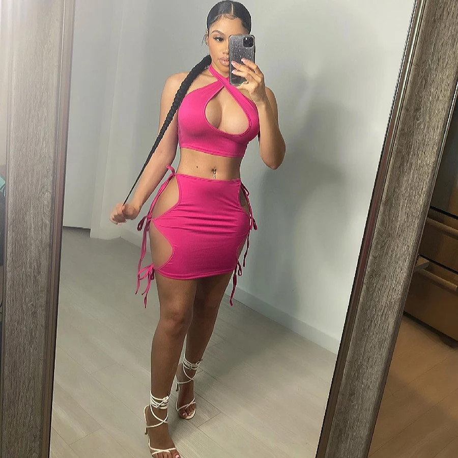 

Kliou K21S01482 2021 Sexy Hollow Cut Out Ribbon Pullover Sleeveless Bandage Cut Out Pure Color Set