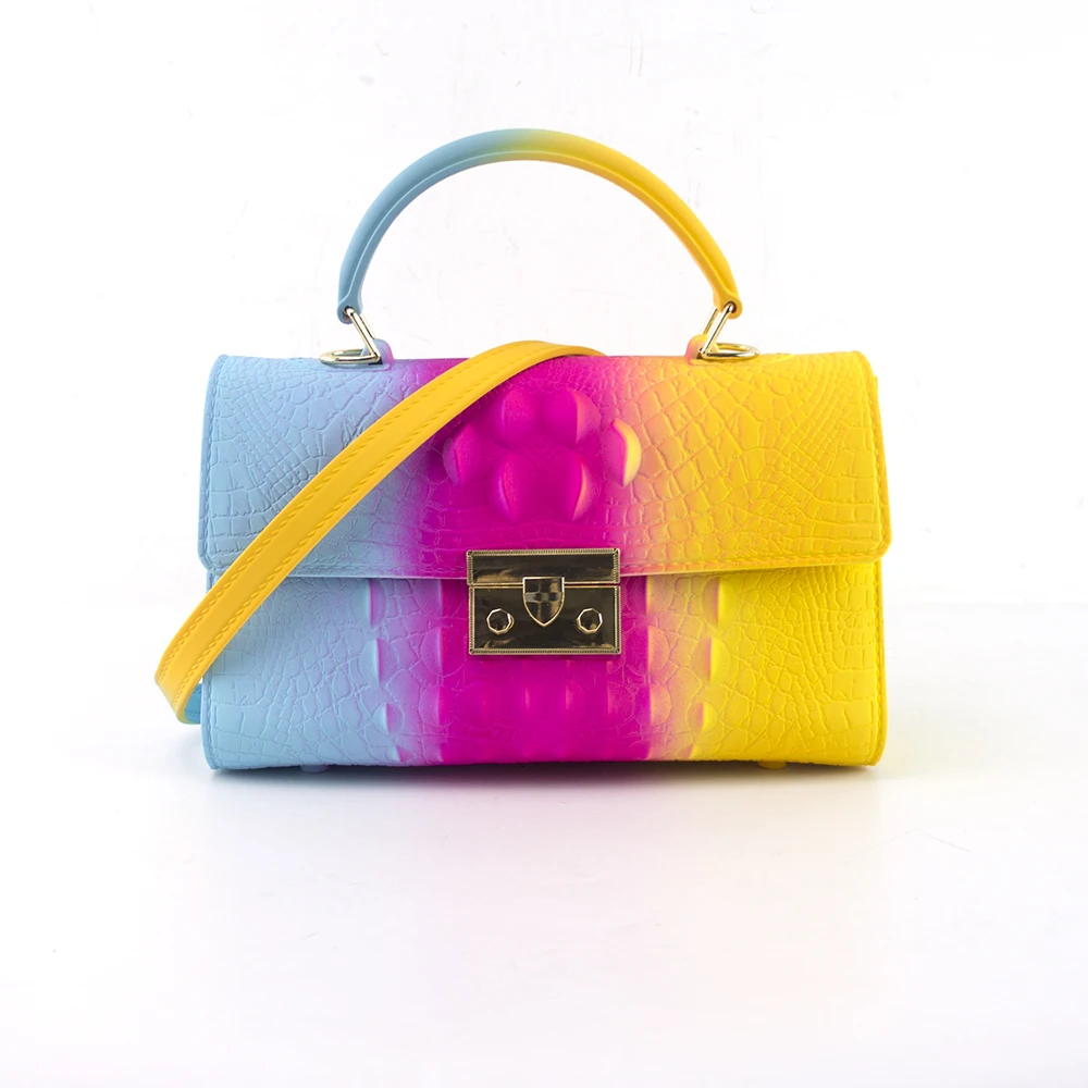 

2020 Wholesale fashion colorful rainbow women PVC jelly tote silicone bag purse crossbody sling shoulder bags