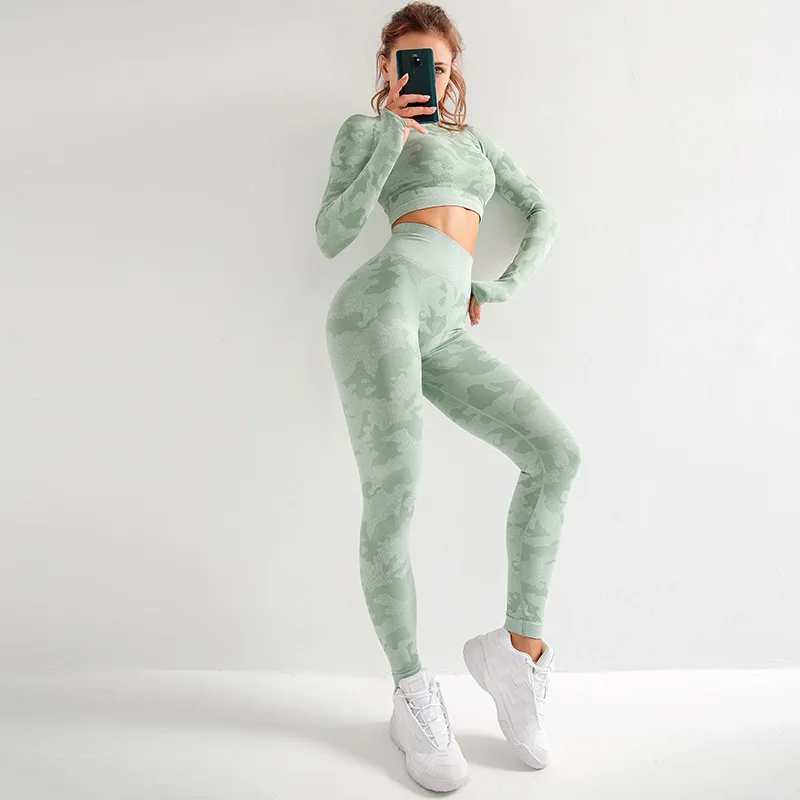 

Women 2 Pieces Backless Breathable Long Sleeve Top Seamless Leggings Set Camouflage Activewear Yoga Suit