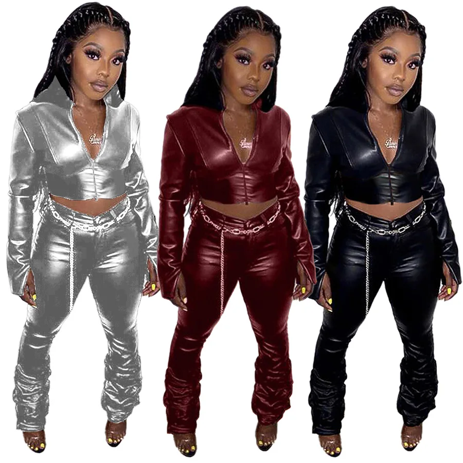 

EB-2022 newCardigan Leather Pants Set Fall Sets Solid Color PU Leather Zipper Casual Suit Leisure Long Sleeve Stacked Sweatpants Women