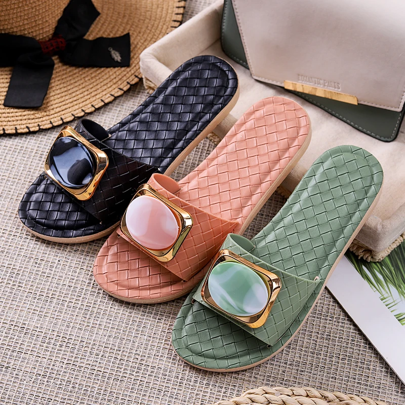 

Women Fashion Ladies shoes Outside rhinestone sandals Flat Slippers Comfortable Female Casual sandals, Black/green/orange