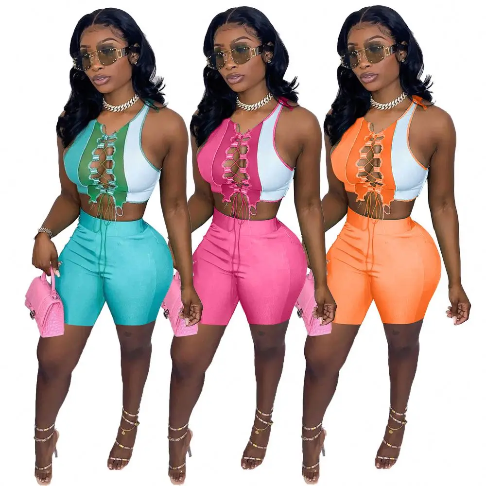 

Dvacaman 2021 Summer Sleeveless Bandage Crop Top Pants Set Hollow Out High Waisted Shorts Patchwork Jogger Set Women Clothing, Picture color