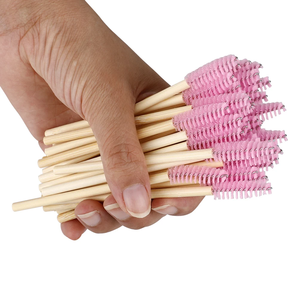 Bamboo Eyelash Brush Black Pink Nylon Mascara Wands Applicator for Disposable Eye lash Wands Cosmetic Makeup Use, Wood colors