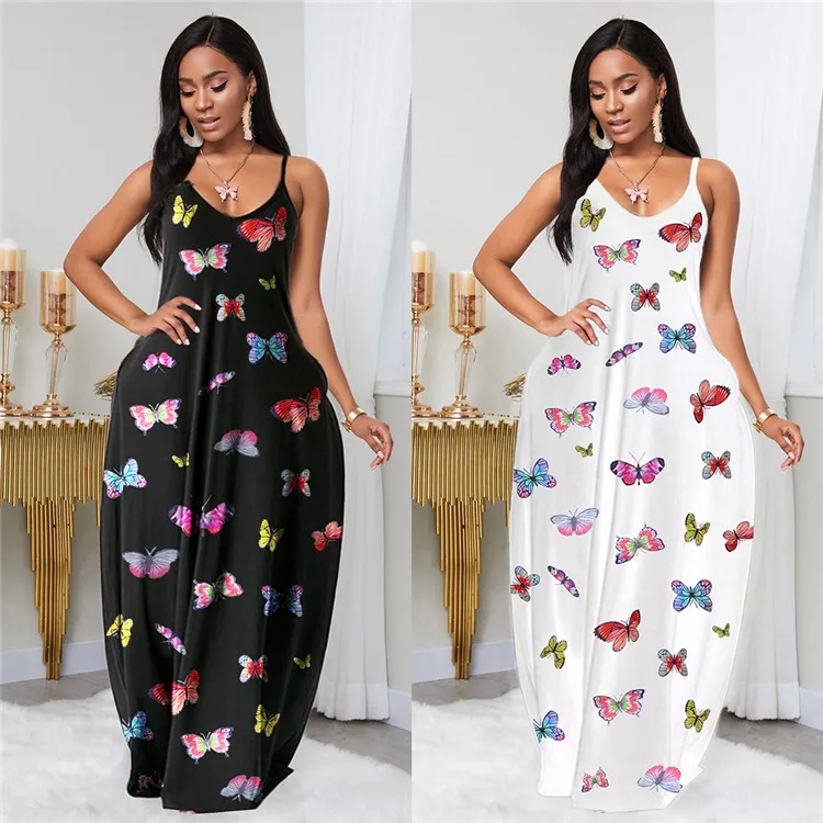 

Sexy Fashion Club Strap Sleeveless Butterfly Print Dress Summer Ladies Dresses 2020 Black Maxi Long Dress Women, Black/white