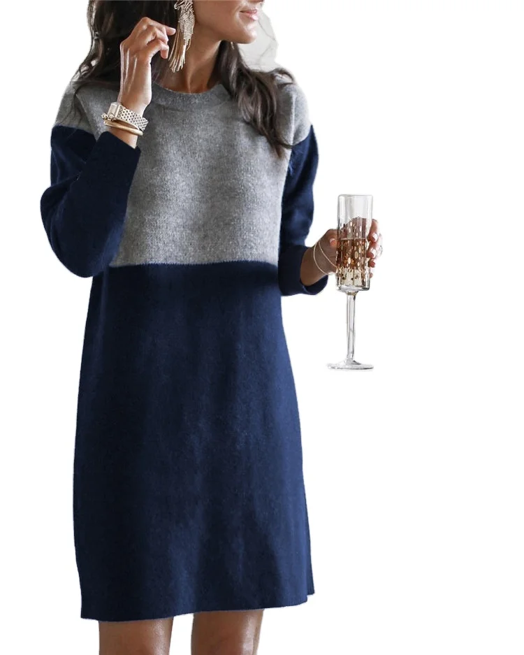 

Autumn and winter women's sweater net red new splicing skirt loose large round neck long sleeve women's dress