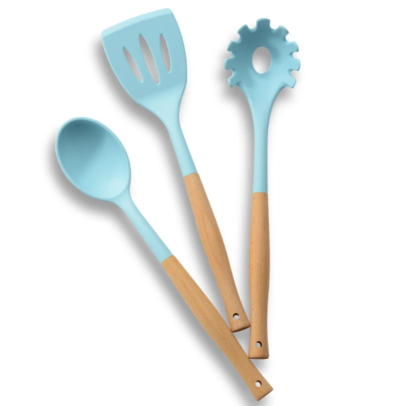 

3PCS Silicone Kitchen Utensils Wood Cooking Baking Tool For Pot Pan Spoon, Sky blue