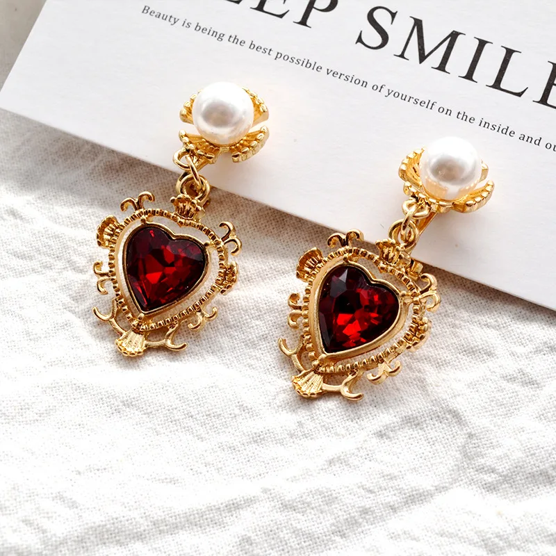 

JUHU New Baroque Palace Style Sweet Girl Earrings Retro Wine Red Love Earrings S925 Silver Needle Jewelry for women