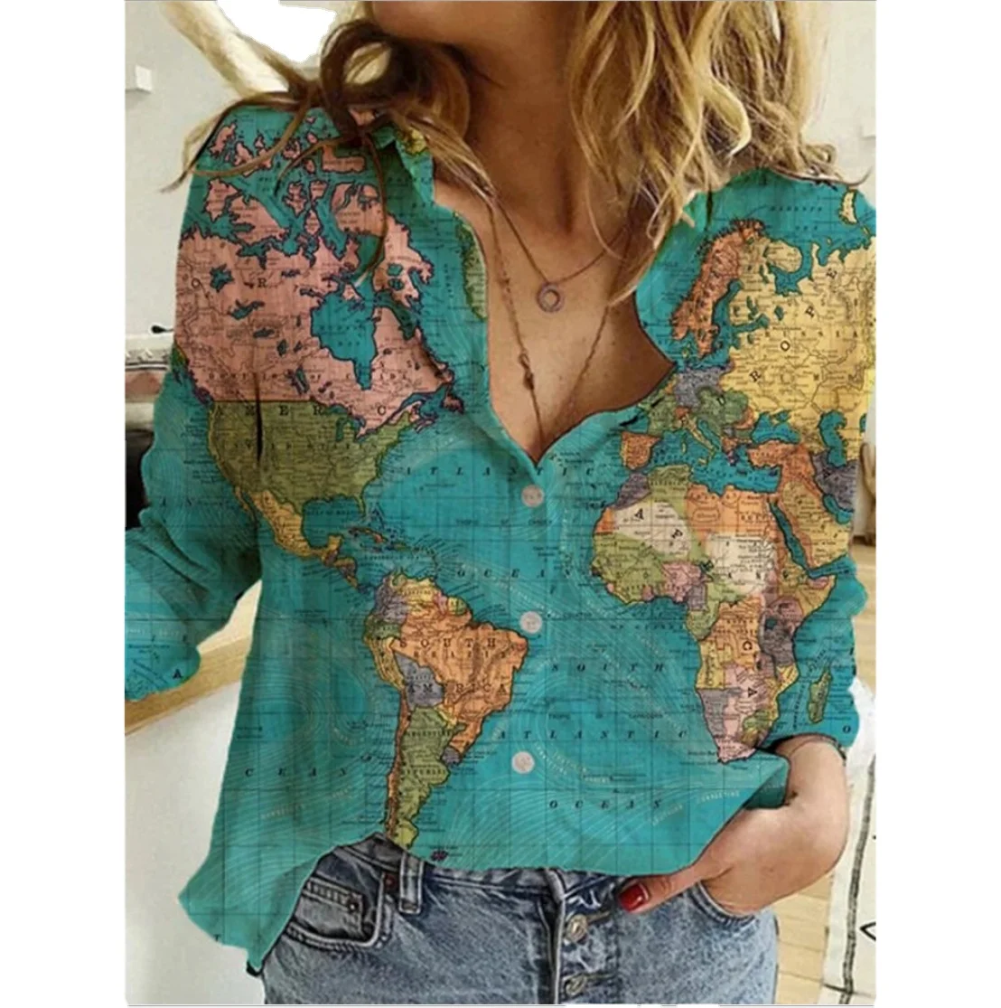 

Women's Lapel Button Shirt World Map Print Long Sleeve Loose Casual Top Women Vintage Plus Size Clothing For Women T-shirts