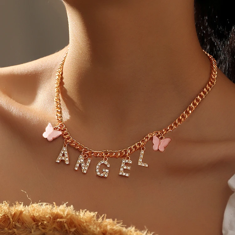 

New Design Alloy Link Chain BABY Custom Letter Rhinestone Butterfly Jewelry Charm Cuban Word Chain Diy Name Necklace, Gold