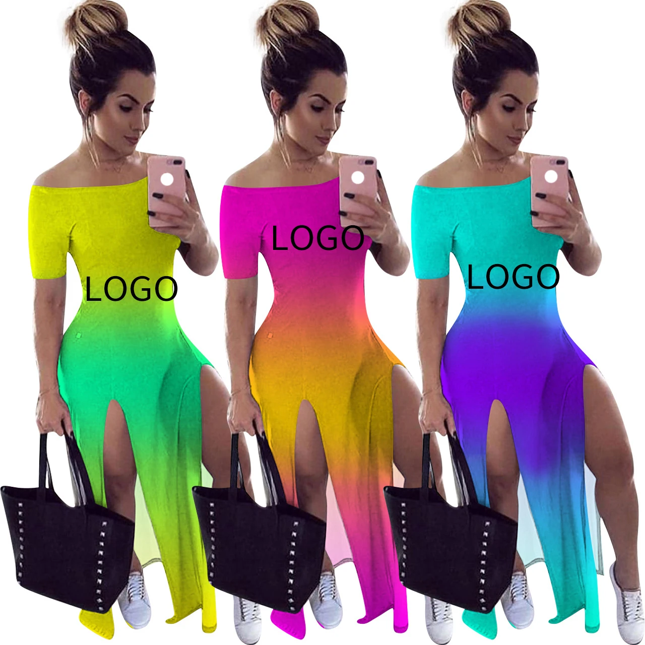

Gradient contrast color casual summer split off the shoulder short sleeve bodycon dress women