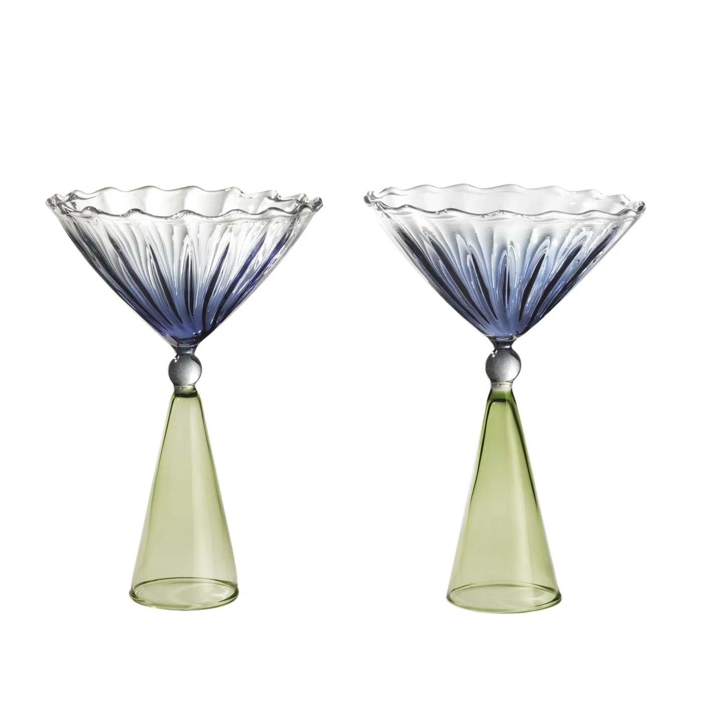 

OEM Custom Made Unique Decorative Heat Resistant Pyrex Borosilicate Blue and Green Colored Drinking Martini Glasses, Customized color
