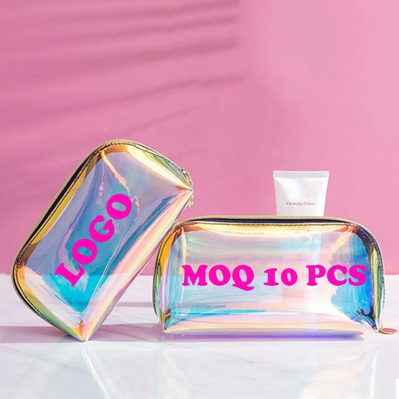 

Travel private label logo glitter clear TPU holographic cosmetic bag