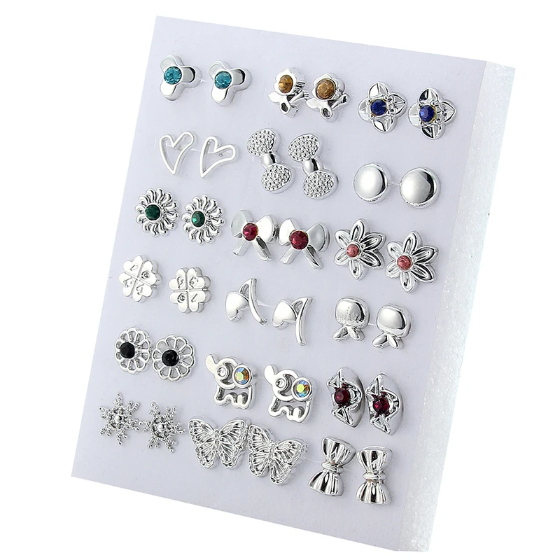

18 pairs of stylish silver floral bow elephant heart star stud earrings set jewelry, Picture shows
