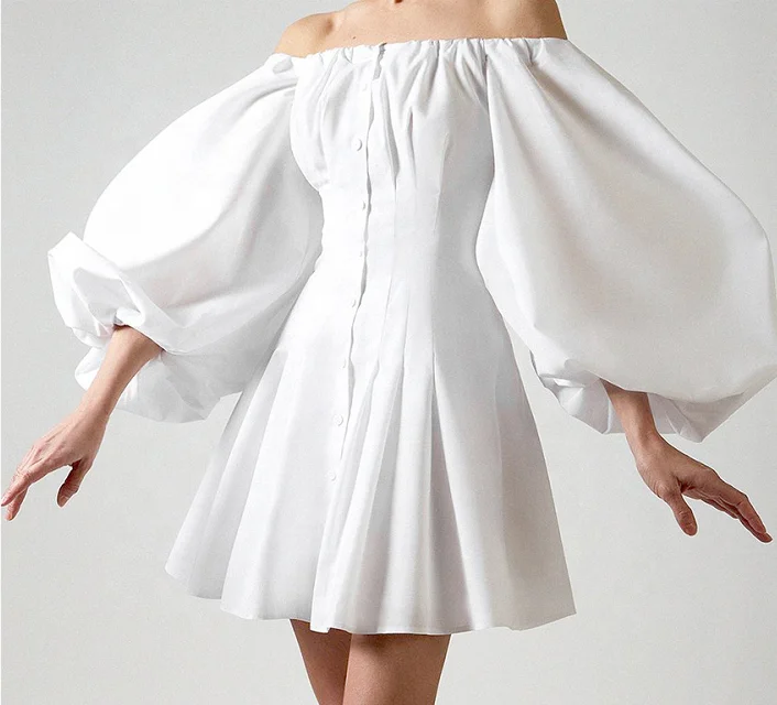 

Tongrui 2021 Summer Dress Puffed Sleeves One-Line Shoulder Dress French Temperament Slim Solid Color Dress Women Clothing