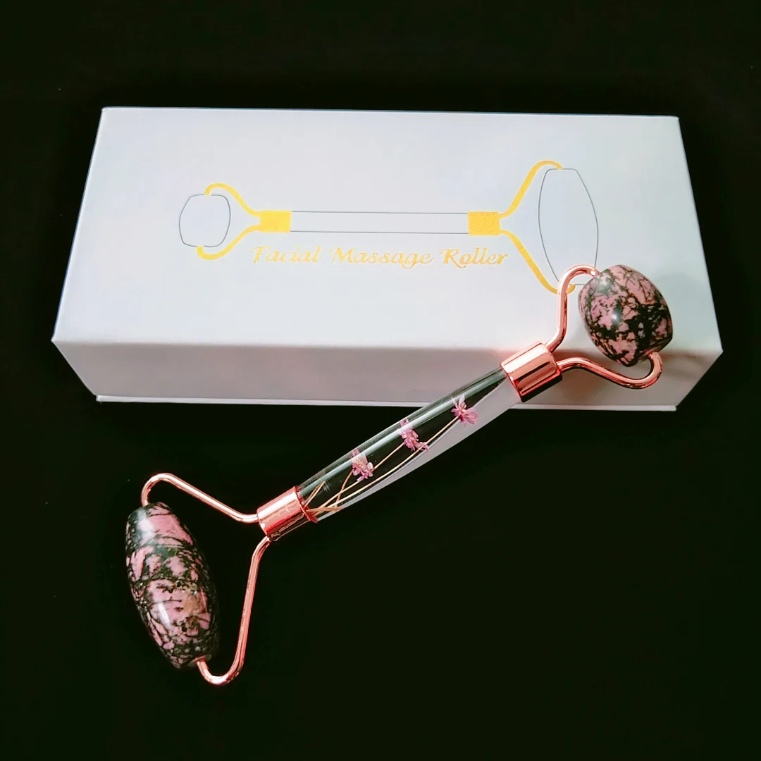 

Massage facial flower handle roller stone natural rhodonite stone wholesale with box