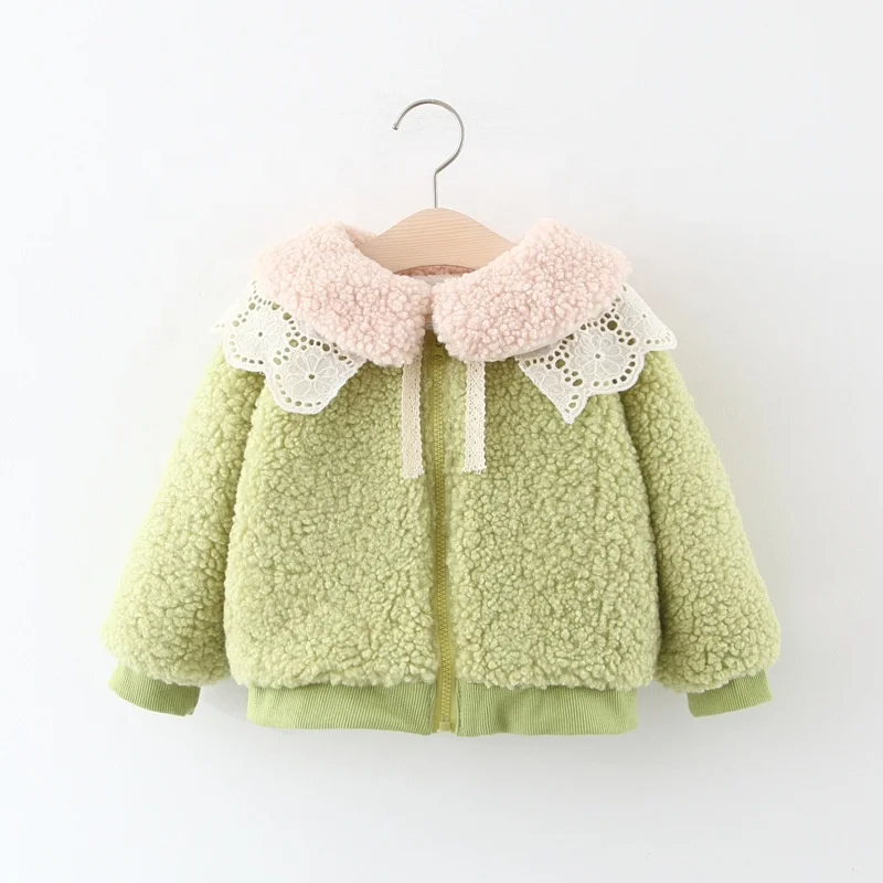 

B51584A Girls fashion turn-down collar lace nice warm fleece coat, Green/pink