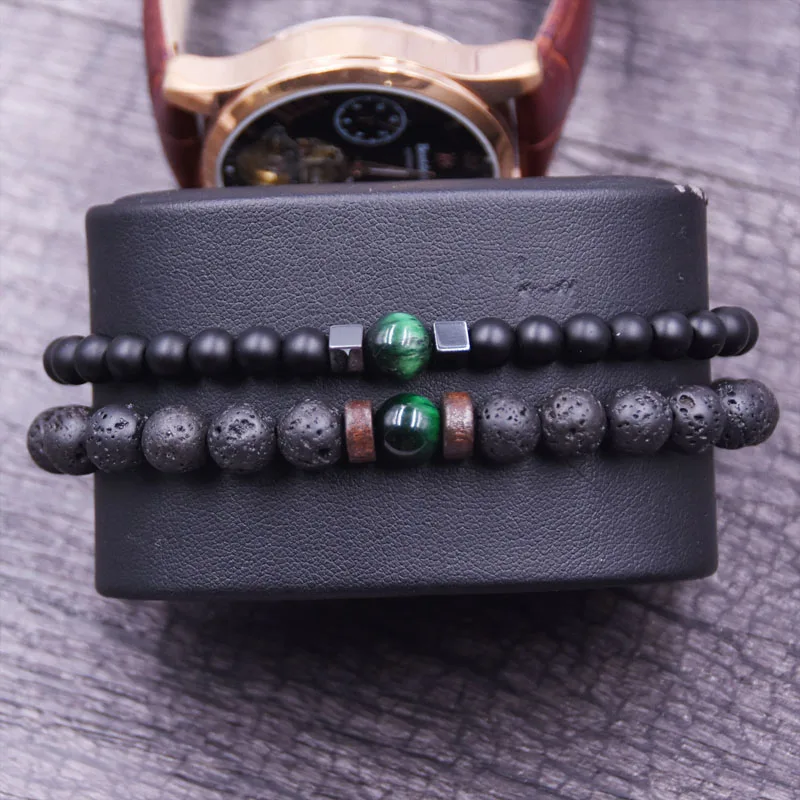 

2020 New Fashion Bracelet Matte Onyx Stone Tiger Eye Wooden Hematite Lava Beads Bracelet Set Men Women
